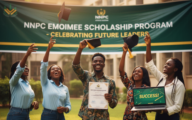 Nigerian university students from Mkpat Enin Local Government Area, Akwa Ibom State celebrating full tuition funding through the NNPC EMOIMEE Scholarship 2026, a fully funded academic opportunity covering living costs and textbooks