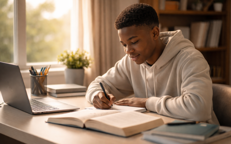 Student writing a scholarship application essay at a desk