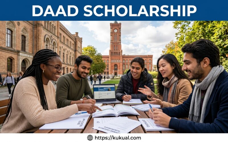 Students studying together in a German university library under DAAD scholarship