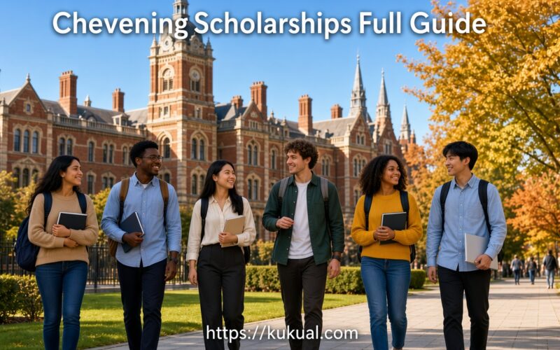 International students walking together at a UK university campus for Chevening scholarships